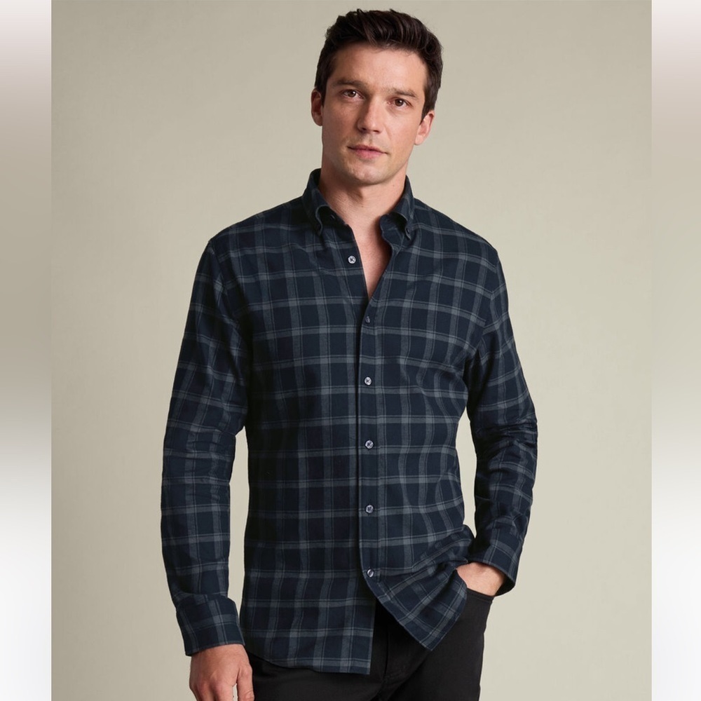 Charles Tyrwhitt Flannel Check Shirt-In Blue Checkered Button Down Shirt Size XL - Picture 5 of 11